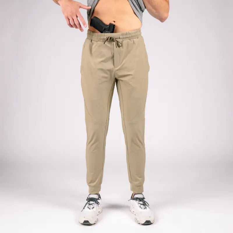 Tan drawstring joggers with Carrier Retention Waistband for Traveler Joggers and concealed carry