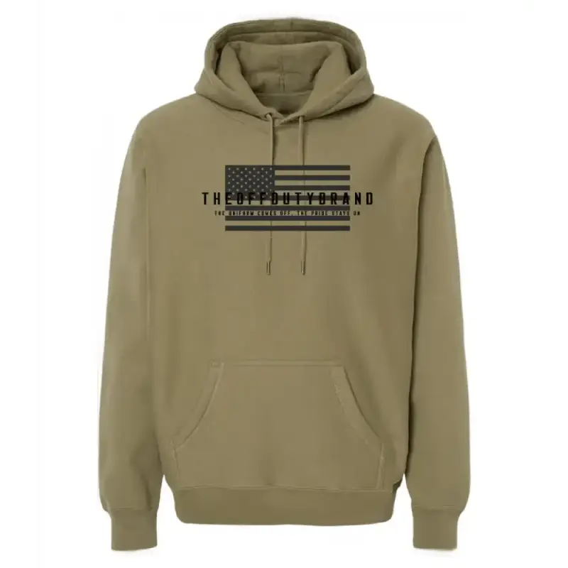 Tan khaki Off Duty Valor Hoodie with black American flag graphic and text design