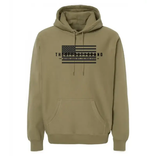 Tan khaki Off Duty Valor Hoodie with black American flag graphic and text design