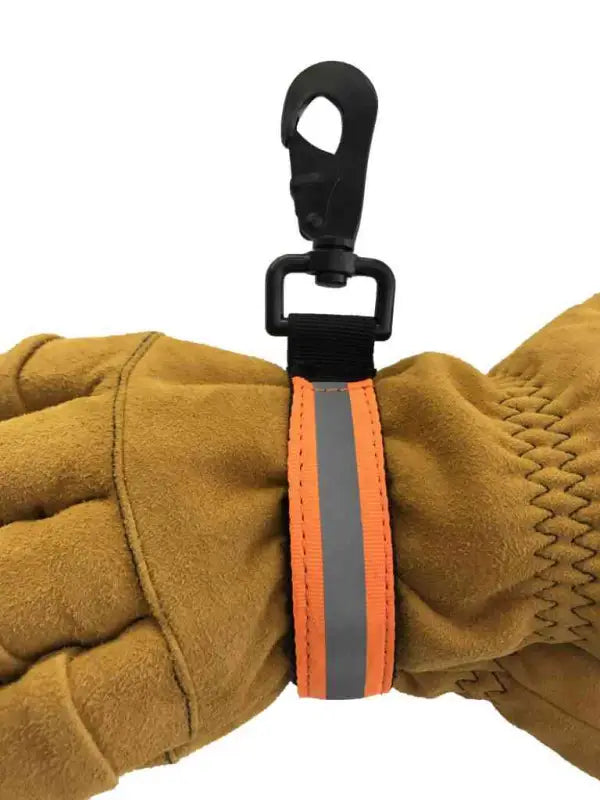 Tan Heavy Duty Firefighter Glove Strap with Orange Reflective Trim and Black Clip Attachment