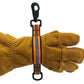 Tan leather work glove with a clip-on strap of reflective orange material for Firefighter Gloveleash