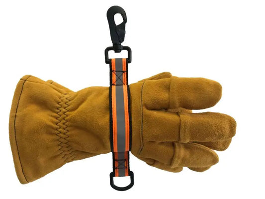 Tan leather work glove with a clip-on strap of reflective orange material for Firefighter Gloveleash