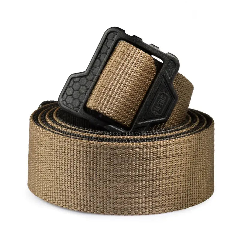 Tan nylon M-Tac Double Duty Tactical Belt Hex with black plastic buckle for durability