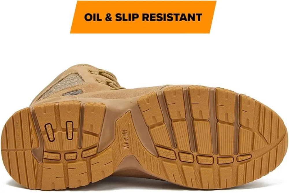 Tan oil and slip-resistant boot sole in MAG STORM 8’’ Desert Military Tactical Boot SZ WP for first responders