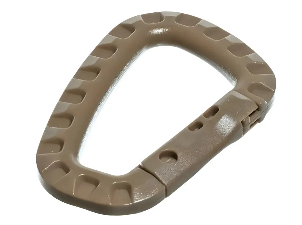 Tan hard polymer D-Ring carabiner with notches for enhanced grip and durability