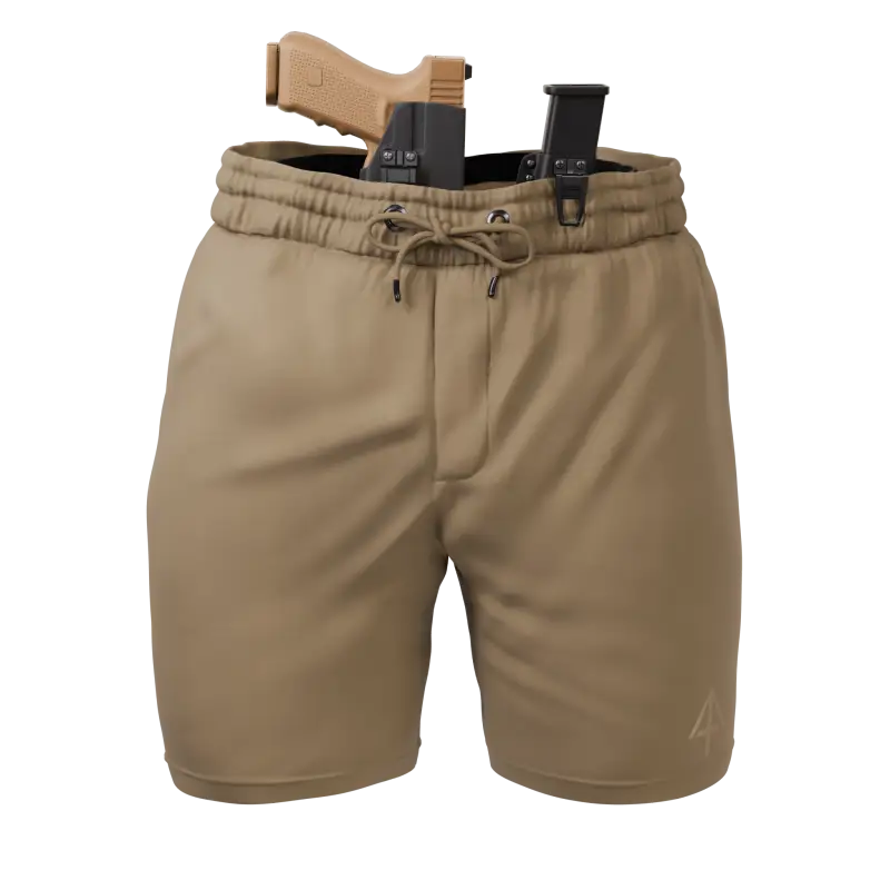 Tan Carrier Shorts Mk.II with concealed firearm for discreet concealed carry by Arrowhead Tactical Apparel