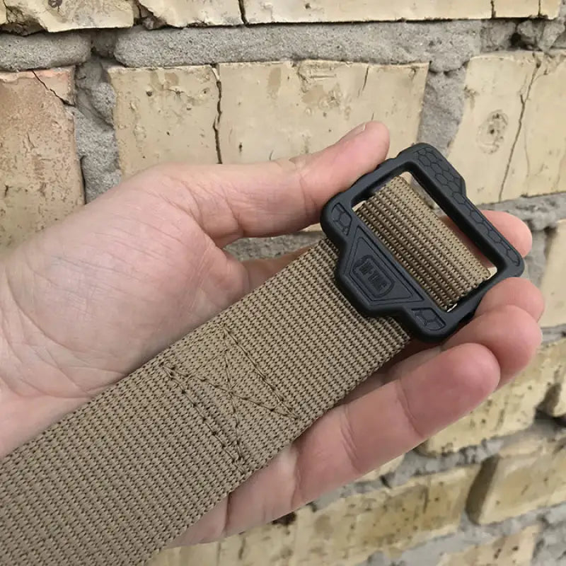 Tan M-Tac Double Duty Tactical Belt Hex with black plastic buckle for rugged use