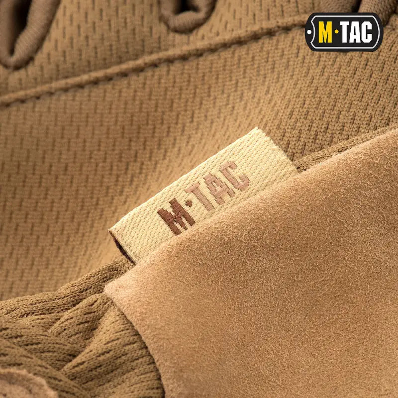 Tan M-Tac Gloves Scout Tactical featuring a branded label and genuine leather design