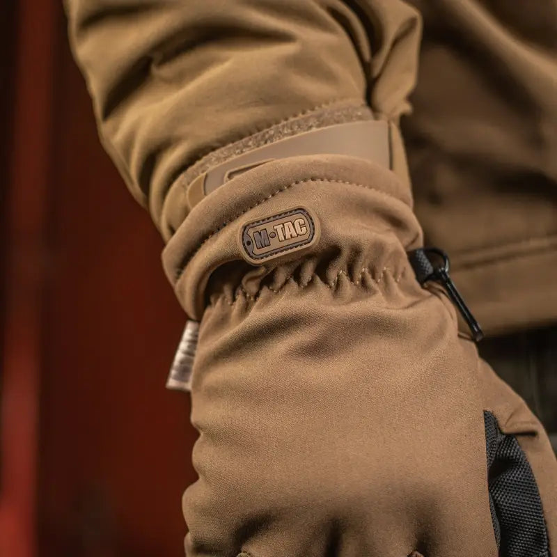 Tan M-Tac Gloves Soft Shell Thinsulate with drawstring wrist closure and logo patch