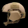 Tan tactical helmet with face shield featuring Ear Armor for high cut helmets and body armor