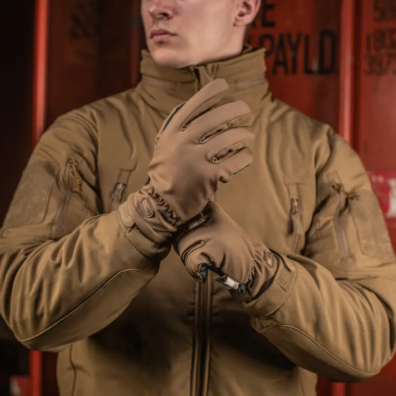 Tan tactical jacket with matching M-Tac Gloves Soft Shell Thinsulate in use