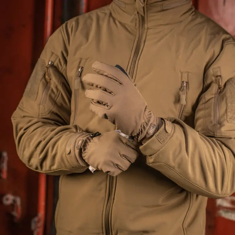 Tan tactical jacket with zippered pockets and M-Tac Gloves Soft Shell Thinsulate