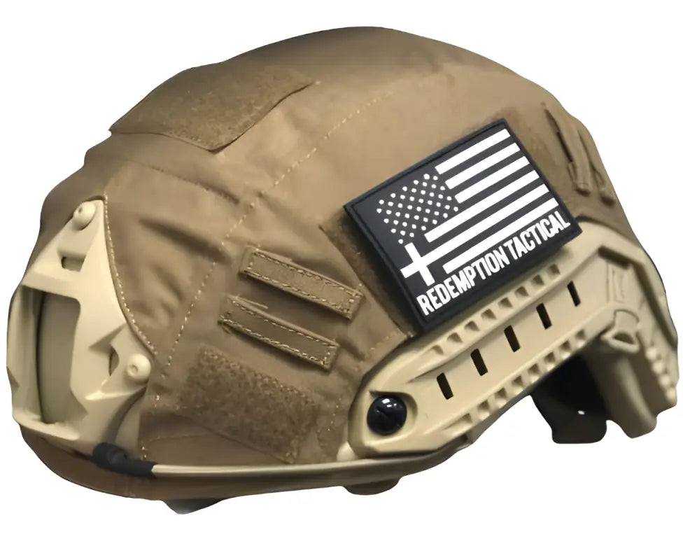 Tan RT2 Ballistic High Cut Helmet with American flag patch by Redemption Tactical