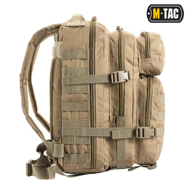 Tan M-Tac Assault Pack featuring MOLLE webbing and large main zippered compartments