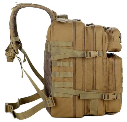 Tan tactical military-style All-Terrain Backpack with MOLLE and first aid essentials