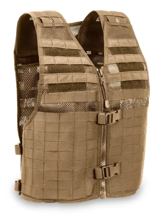 Tan MVP Evolve Tactical Vest with MOLLE webbing and non-slip shooting panel