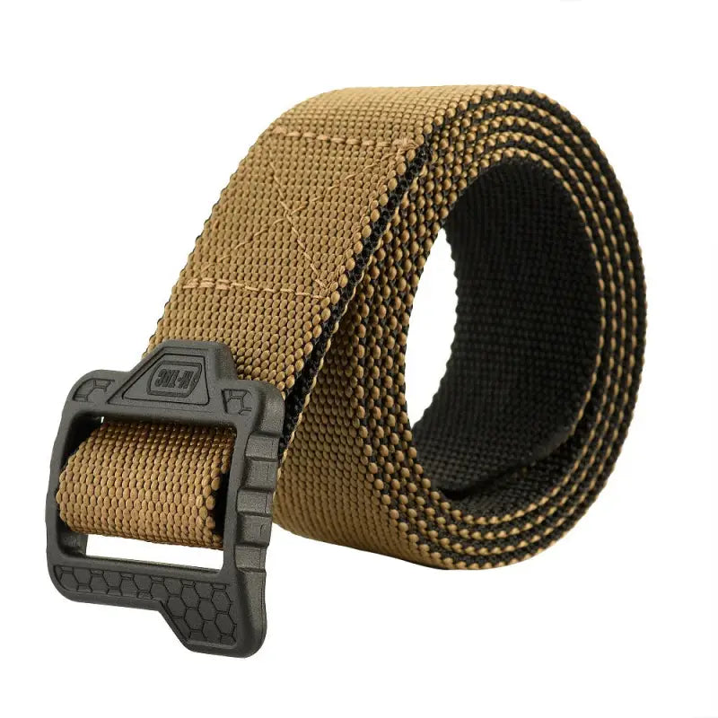 Tan M-Tac Double Sided Lite Tactical Belt with black plastic buckle for versatile use