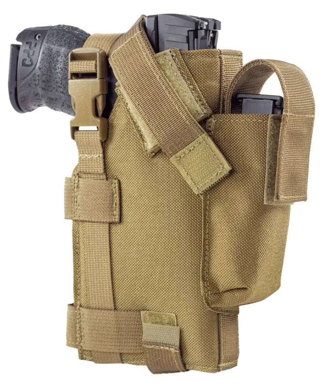 Tan Tactical MOLLE Holster with adjustable straps for large frame autos and magazine pouch