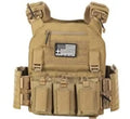 Tan tactical plate carrier with molle webbing and magazine pouches from Redemption Tactical with medical kit