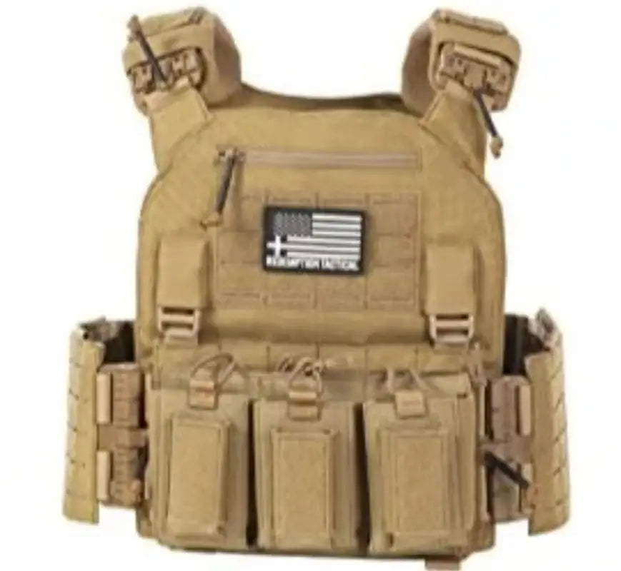 Tan tactical plate carrier with molle webbing and magazine pouches from Redemption Tactical with medical kit