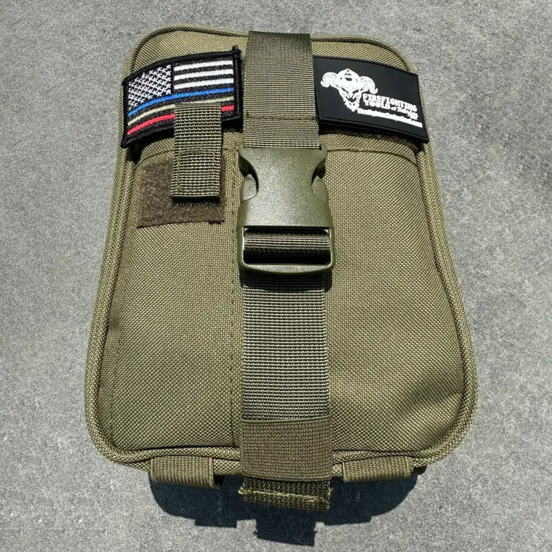 Tan tactical pouch with buckle strap for The First Responder IFAK Kit and patches