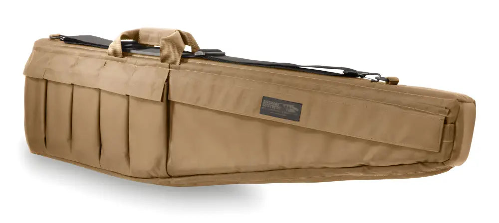 Tan Assault Systems Tactical Rifle Case with compartments and straps for storage