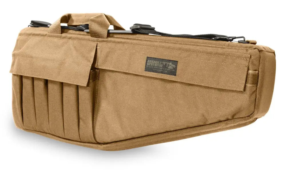 Tan Assault Systems Tactical Rifle Case with multiple compartments and carrying straps