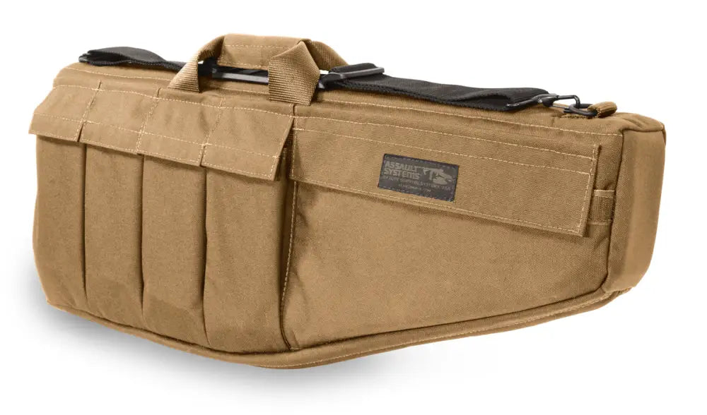 Tan Assault Systems Tactical Rifle Case with compartments and black straps