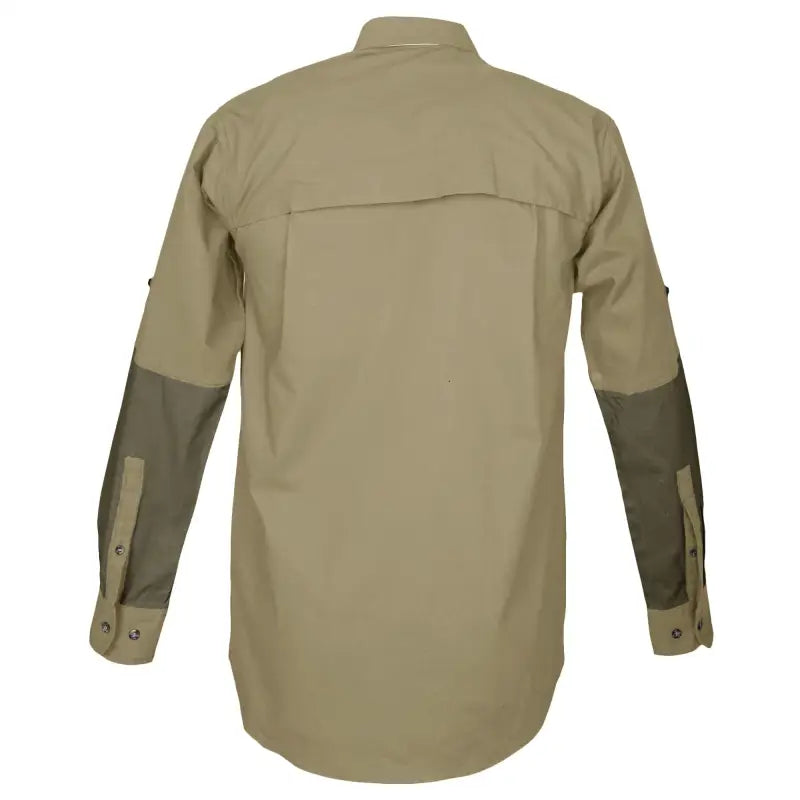 Tan Clay Bird Shirt for Men featuring long sleeves and reinforced elbow patches