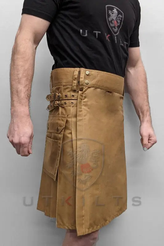 Tan tactical utility kilt with pockets and straps, Standard Dark Khaki Utility Kilt