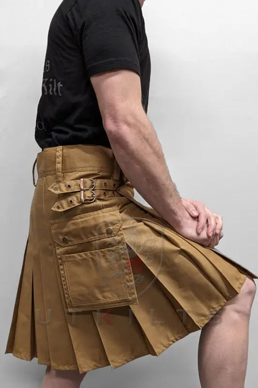 Tan Tactical Utility Kilt featuring pleats and cargo pockets, Standard Dark Khaki Utility Kilt