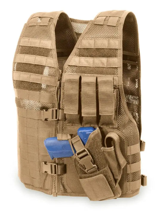 Tan Tactical Holster Vest with MOLLE webbing and pouches for cross draw tactical use