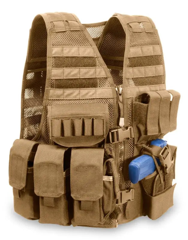 Tan MVP Commandant Tactical Holster Vest with pouches and MOLLE webbing for gear