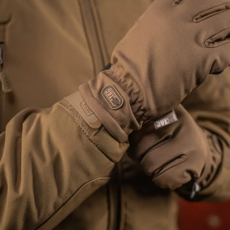 Tan M-Tac Gloves Soft Shell Thinsulate featuring an elastic cuff and logo patch