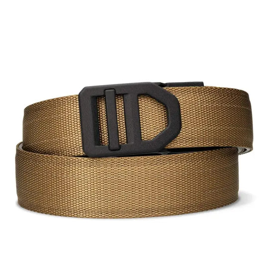 Tan woven tactical nylon gun belt with black buckle for durability and style
