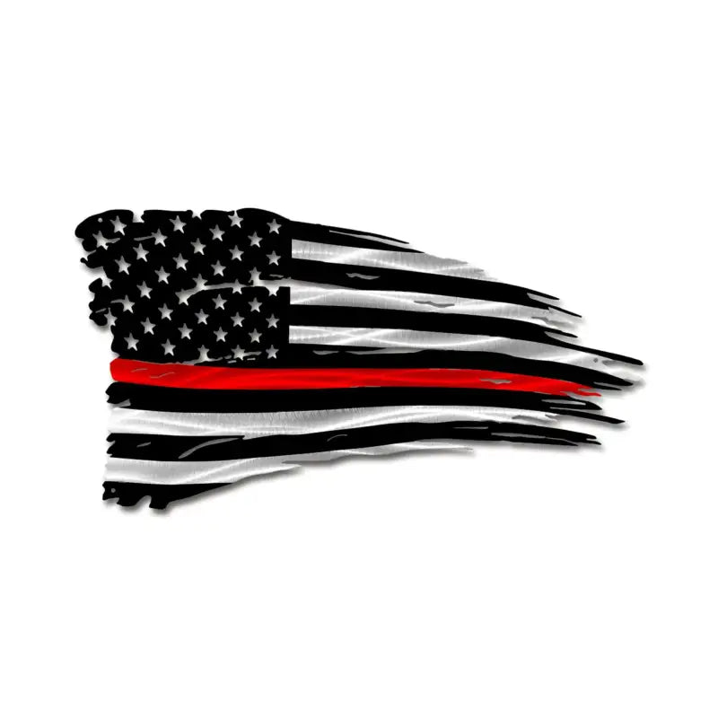 Tattered American flag with a red stripe honoring firefighters and first responders