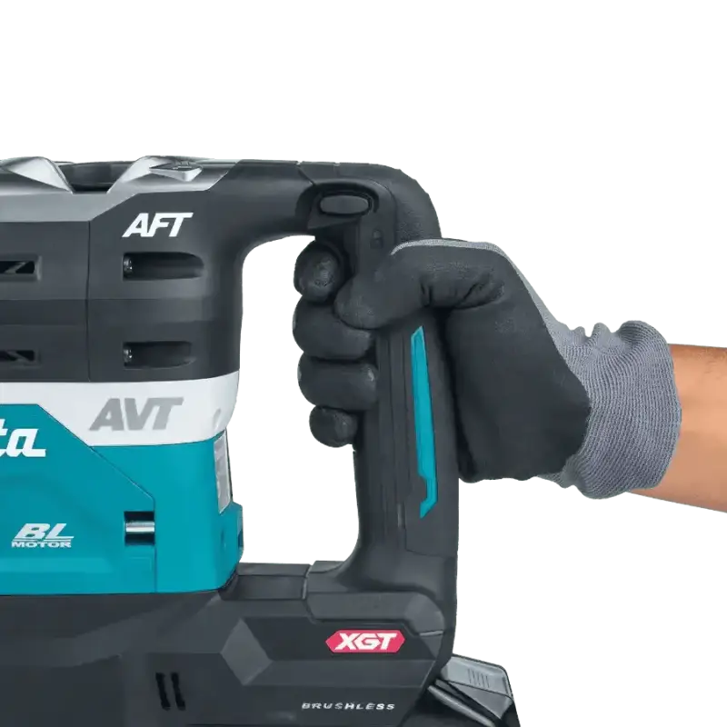 Teal and black Makita GRH05M1 40V max XGT® Brushless AVT® Rotary Hammer in gloved hand