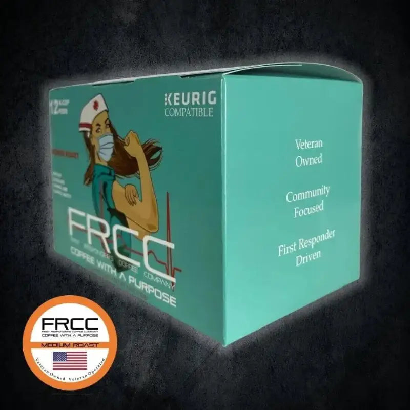 Teal Keurig Coffee Pod Box 12ct Nurse Pumpkin Spice with FRCC branding and eagle mascot