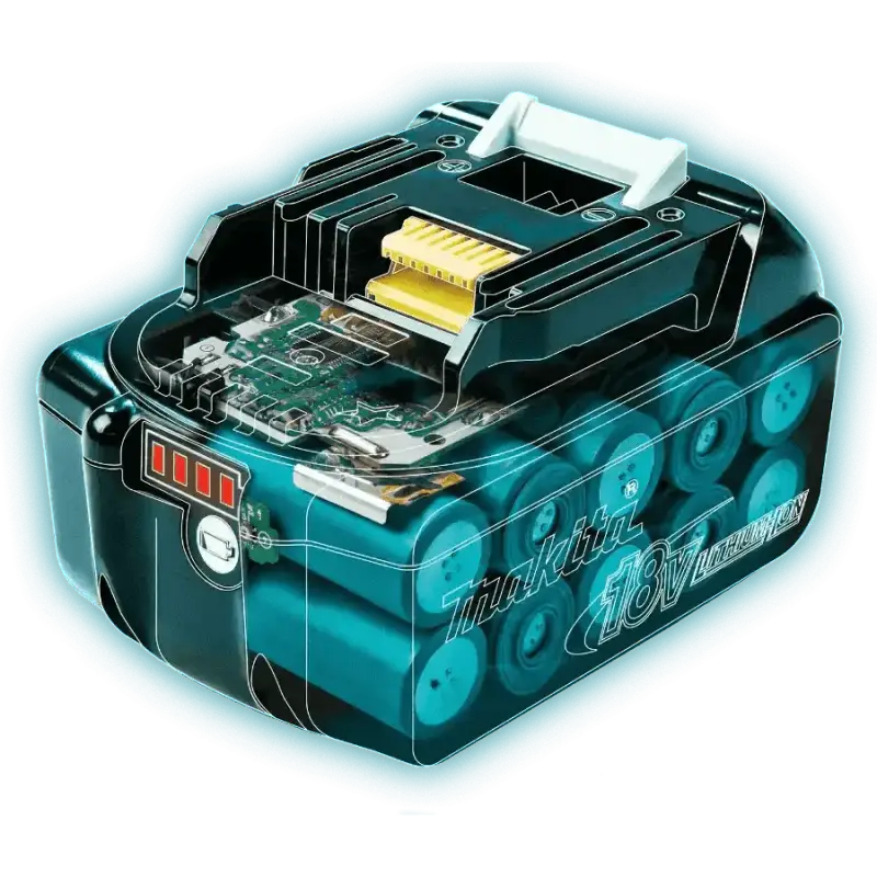 Teal Makita BL1850B 18V LXT® Lithium-Ion 5.0Ah Battery with internal cells visible