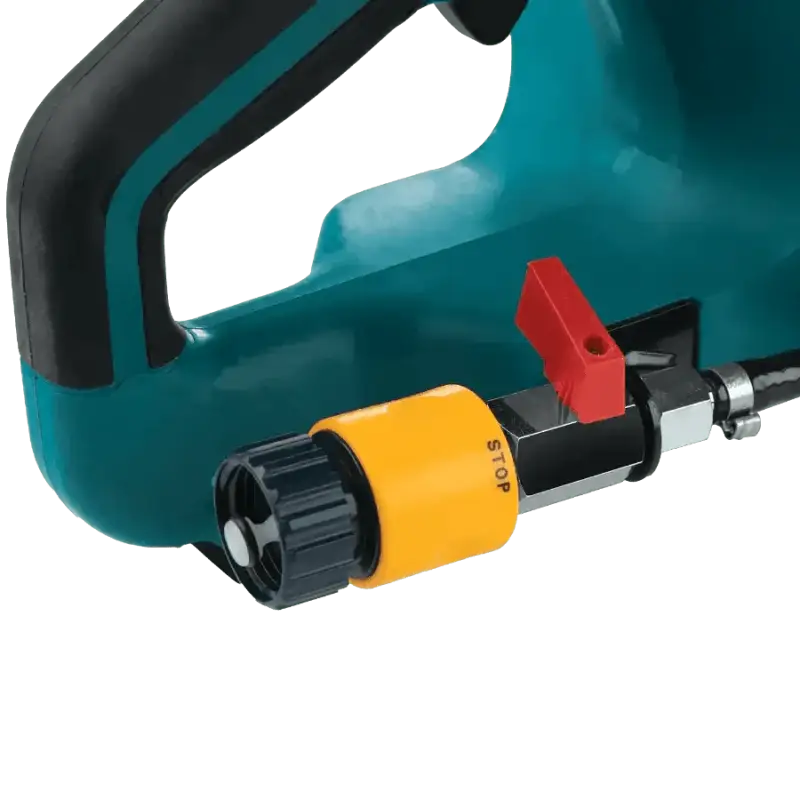 Teal Makita GEC01PL4 80V power tool with yellow and black chuck attachment, XGT® Brushless