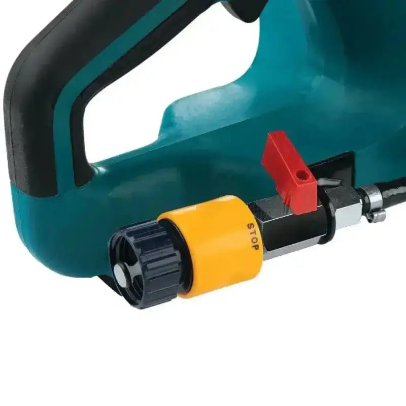 Teal Makita GEC01PL 80V XGT power tool with yellow and black chuck attachment