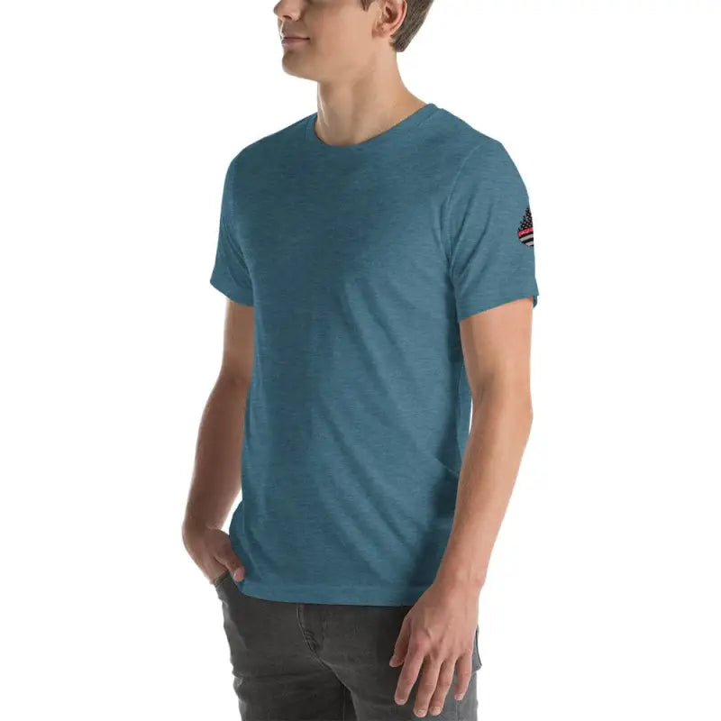 Teal short-sleeve t-shirt with American flag patch, perfect for Engine 19 style