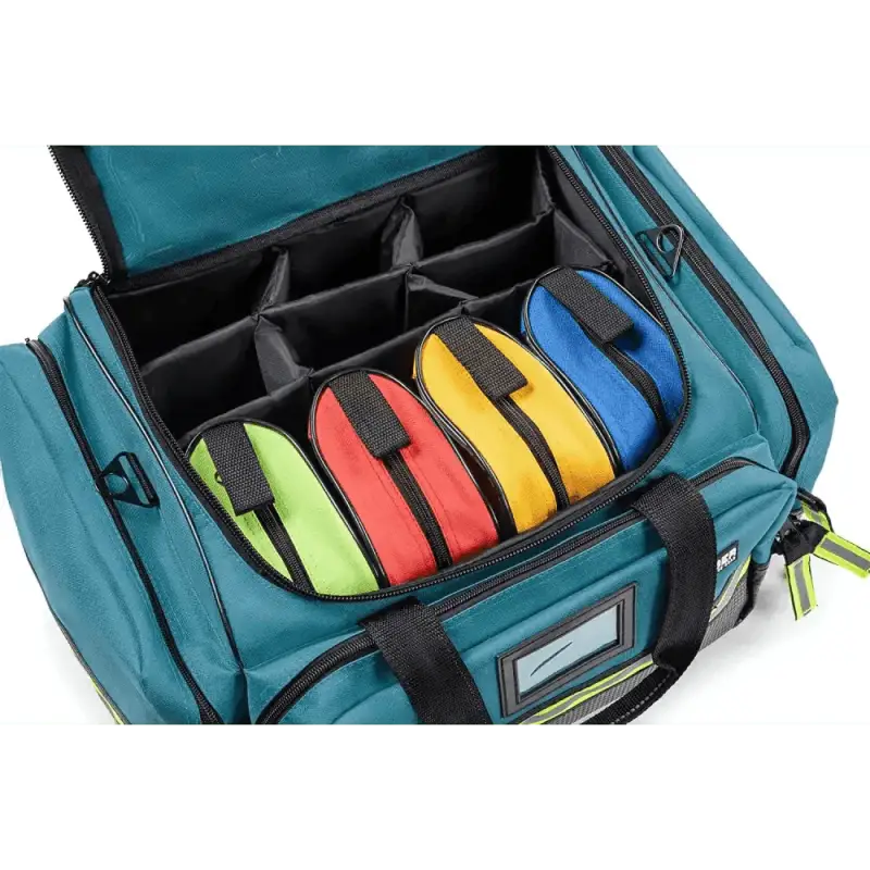 Teal equipment bag with colorful disc dividers in Scherber Premium Responder Trauma Kit