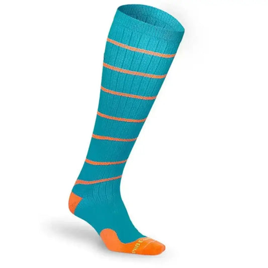 Teal knee-high sock with orange stripes, ideal for First Responders and Aqua Swirl style