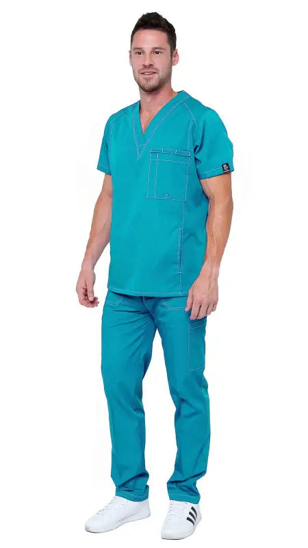 Teal Men’s Multi Pocket Utility Medical Scrubs - Style 102AV with v-neck top and pants