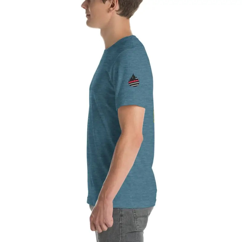 Teal Engine 19 Short-Sleeve Unisex T-Shirt with American flag patch on sleeve