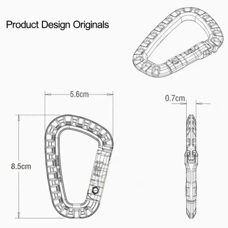 Technical drawing of a Tactical Carabiner in hi-vis green with labeled dimensions