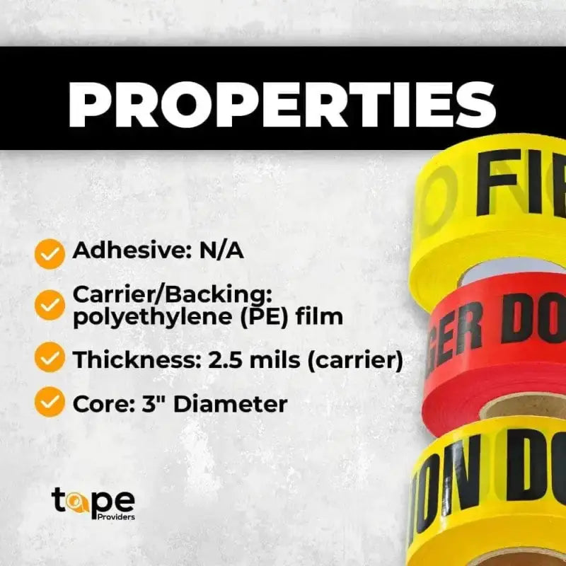 Technical specifications chart for WOD Barricade Flagging Tape Cuidado Caution properties