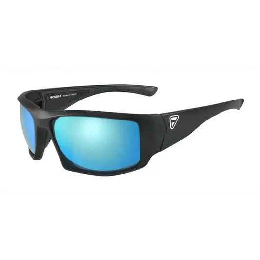 Black sports sunglasses with blue mirrored lenses, ideal for ten-8 Guardian first responders