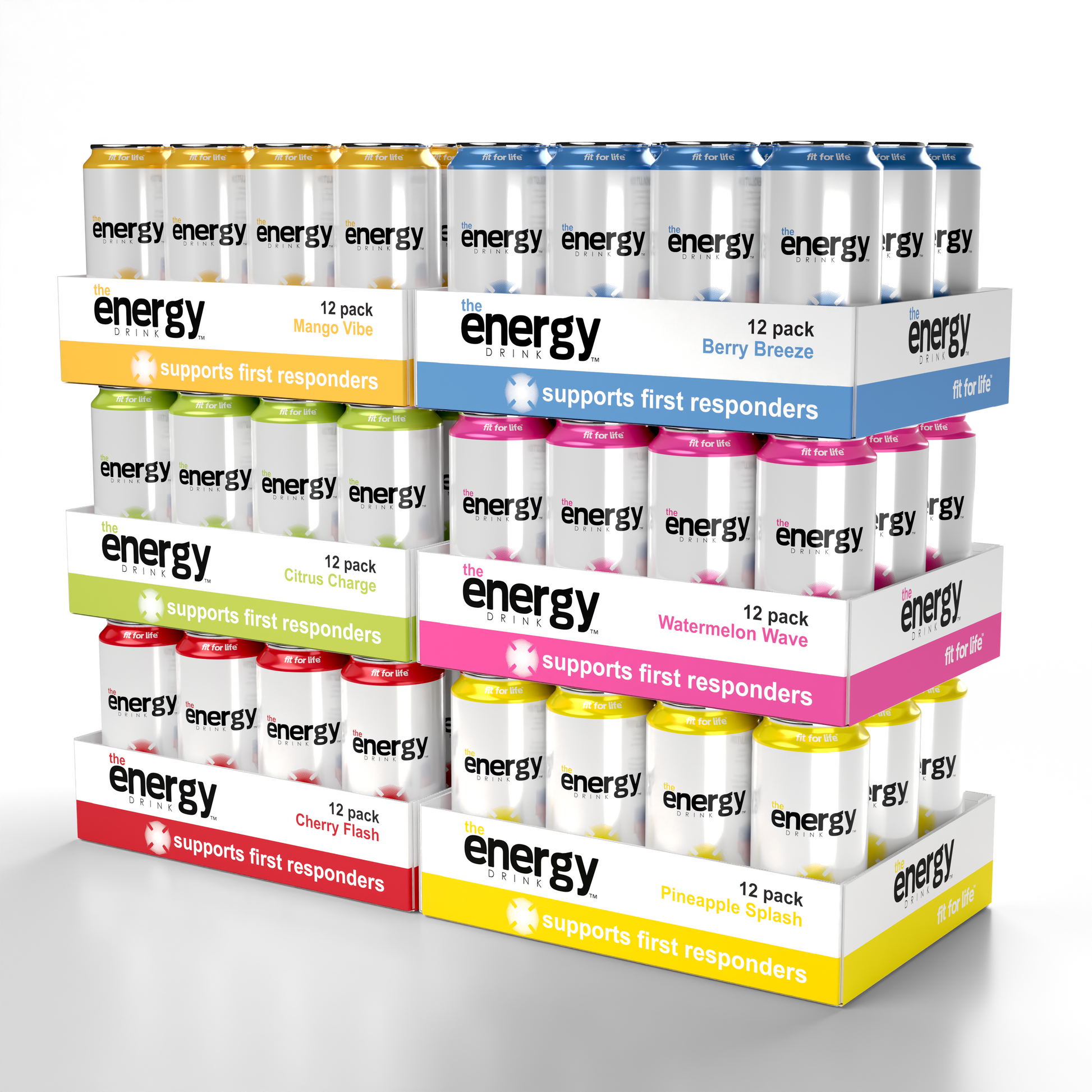 Energy Drink™ Mega Pack showcasing 12 cans with vibrant flavors, perfect for energizing your day.
